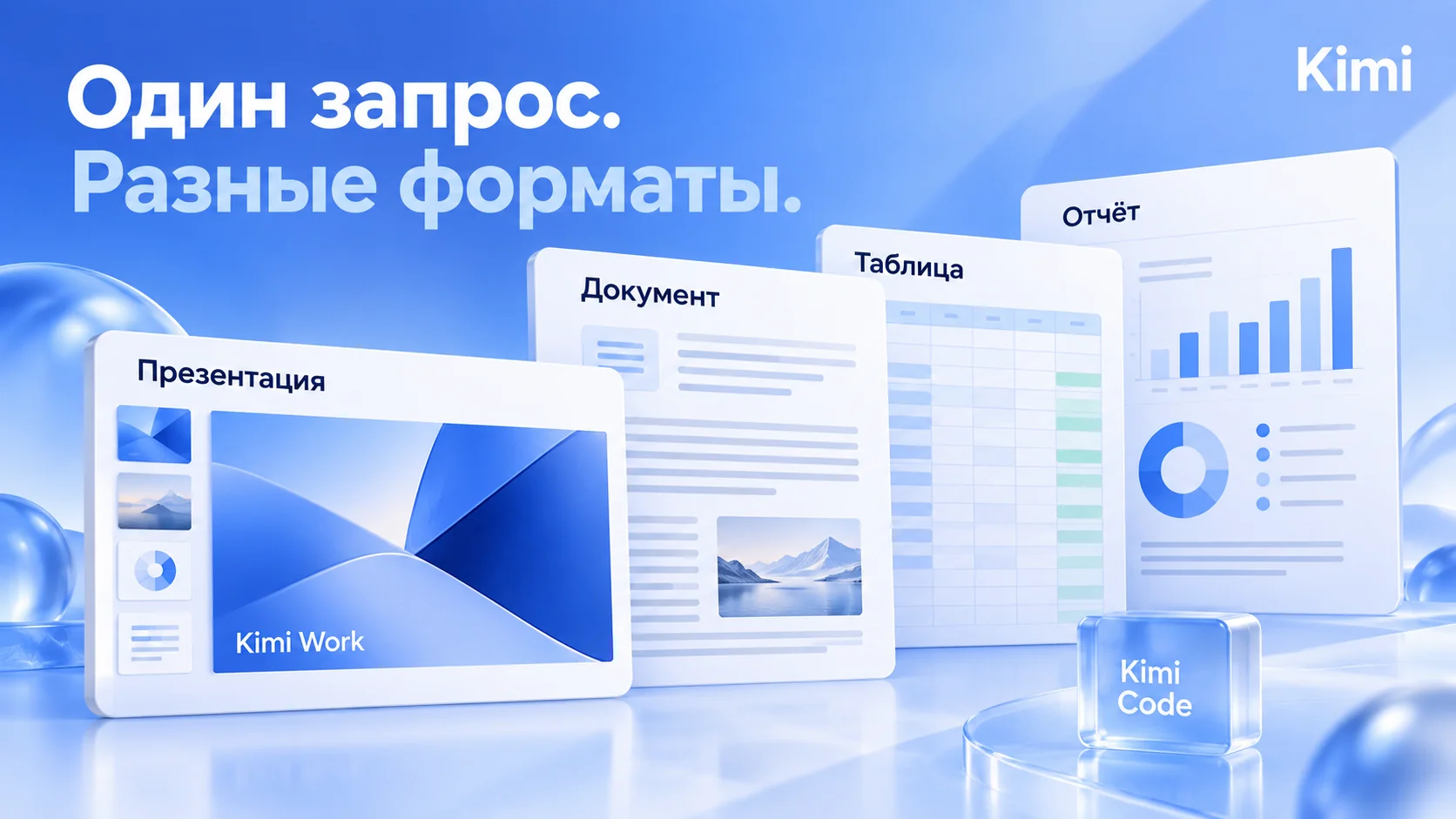 Русскоязычные документы, презентация, таблица и отчёт, созданные с Kimi