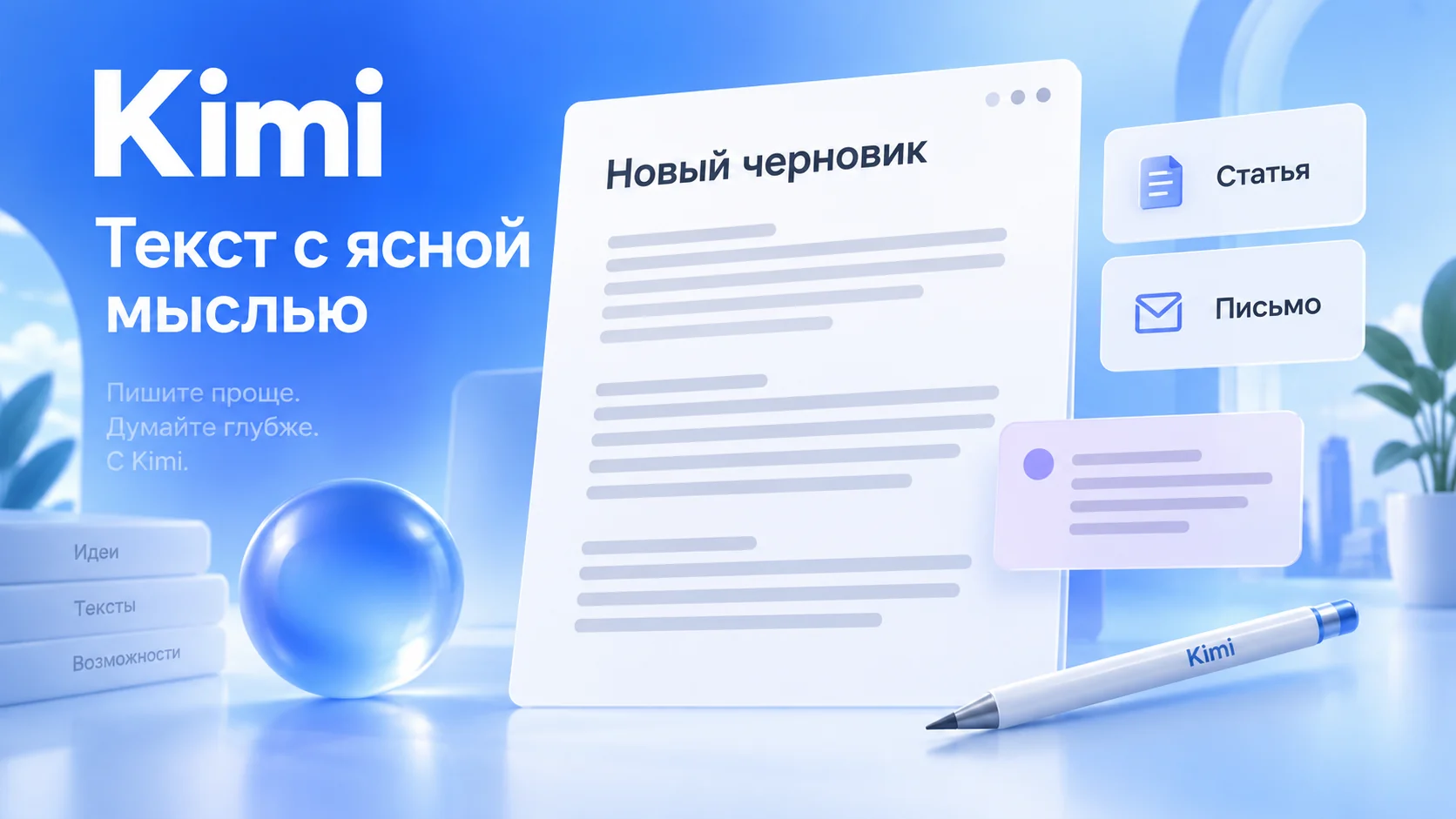 Иллюстрация Kimi: новый черновик статьи и письма в редакторе с русскими надписями
